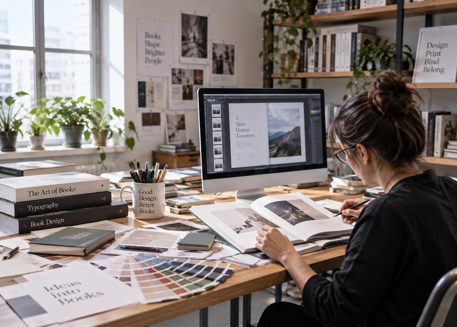 Professional book designer reviewing book layouts and print proofs for custom book printing