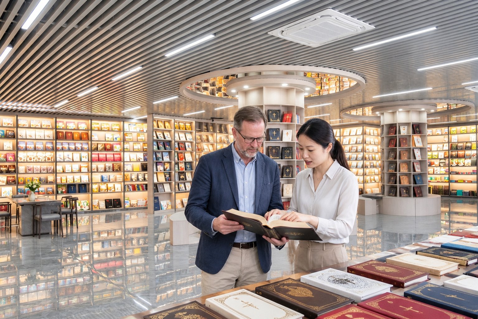 Chinese sales representative discussing custom book printing samples with an international client in a book showroom