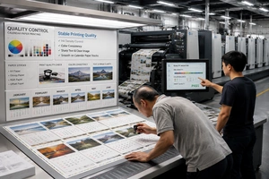 Professional calendar paper printing factory quality control process with offset printing machine and color consistency inspection