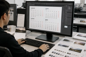 Graphic designer creating custom calendar layouts with multilingual date grids and precise alignment on computer