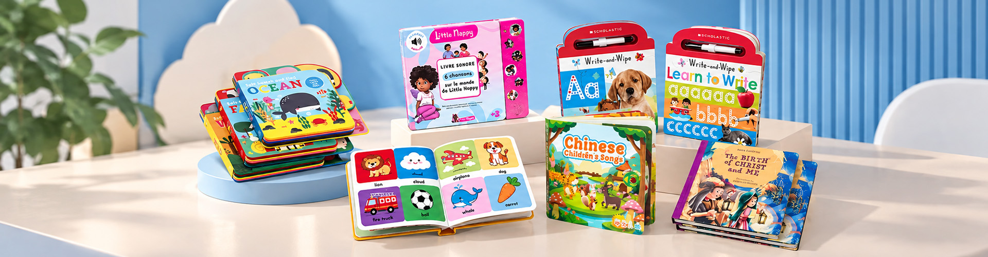 Custom printed children board books banner, wholesale educational baby sound books, wipe and write reusable kids activity books, hardcover story book printing service for kids