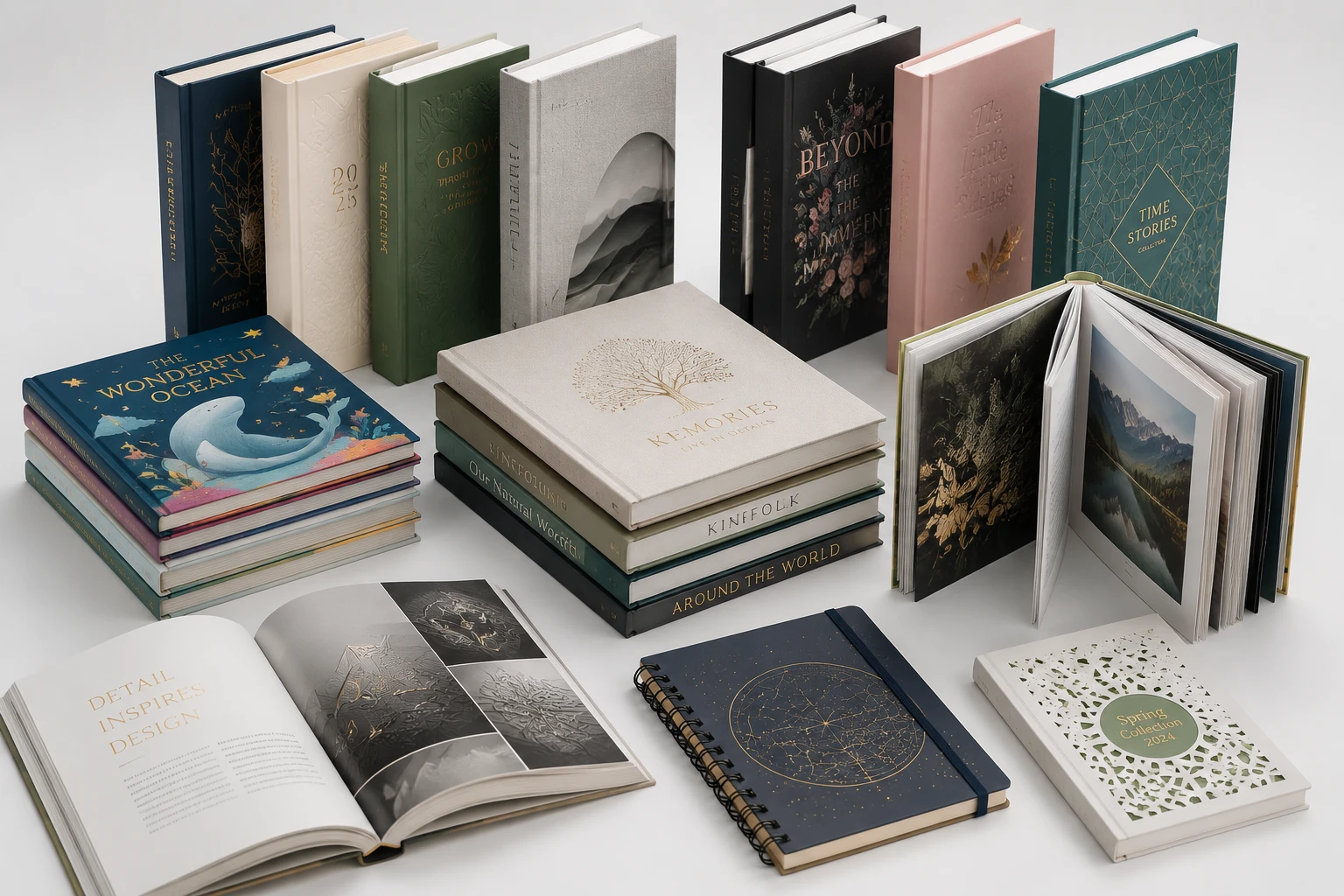 Custom book printing showcase featuring different sizes, binding options and premium finishing techniques