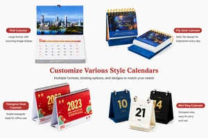 Custom calendar printing services with various styles including wall calendar, desk calendar, flip calendar, and ring calendar solutions