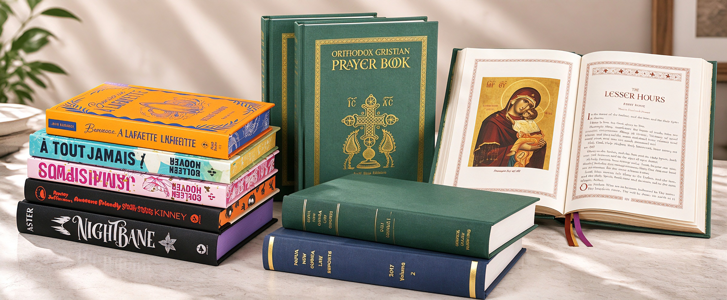 Various custom printed hardcover books, including religious prayer books and novels, premium book printing samples from China printing manufacturer