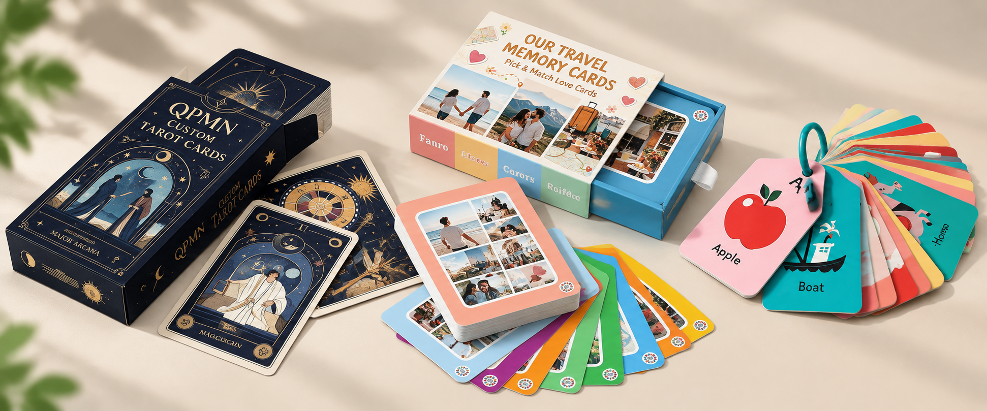 Custom card printing featuring tarot cards, travel memory cards, and educational flash cards with custom packaging