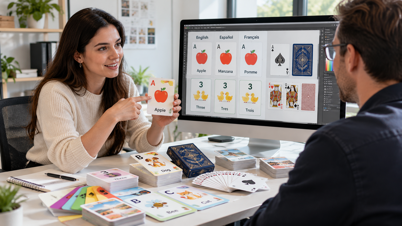 Chinese card designer discussing custom flashcard and playing card designs with an international client