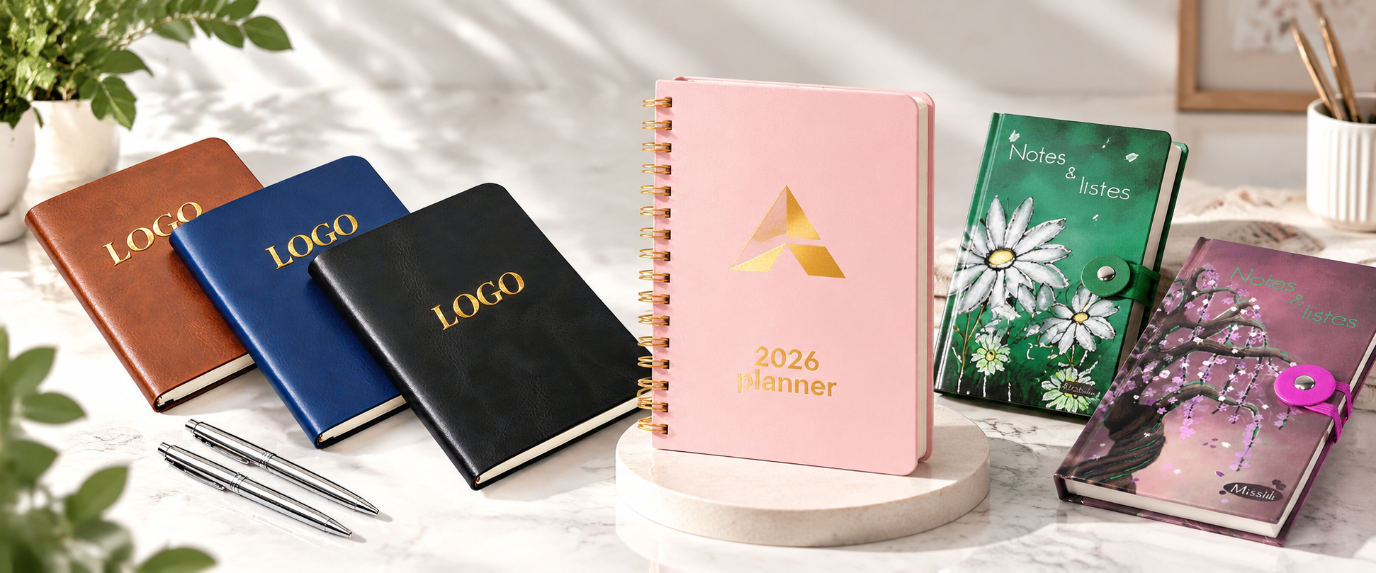 Custom notebook printing featuring personalized leather-look journals, spiral planners, and floral notebooks