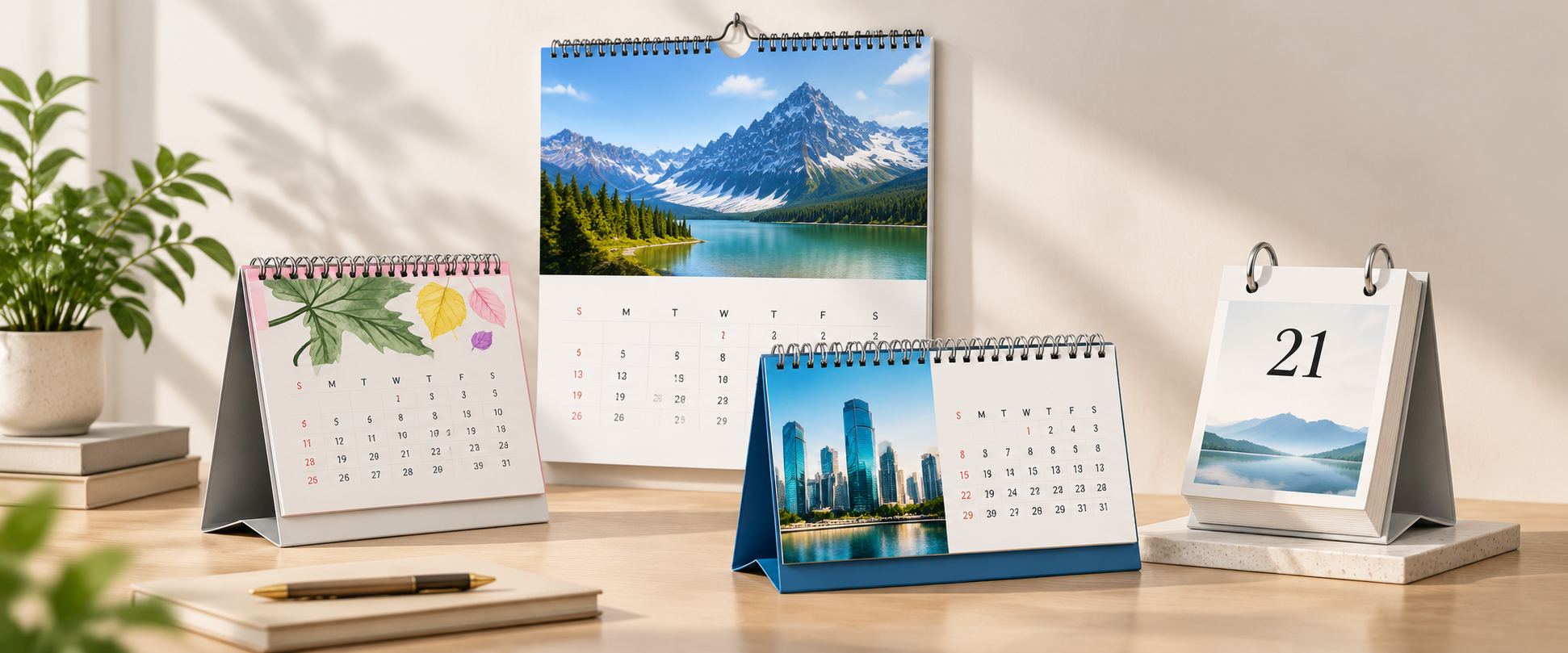 Custom calendar printing featuring wall calendars, spiral-bound desk calendars, and daily flip calendars