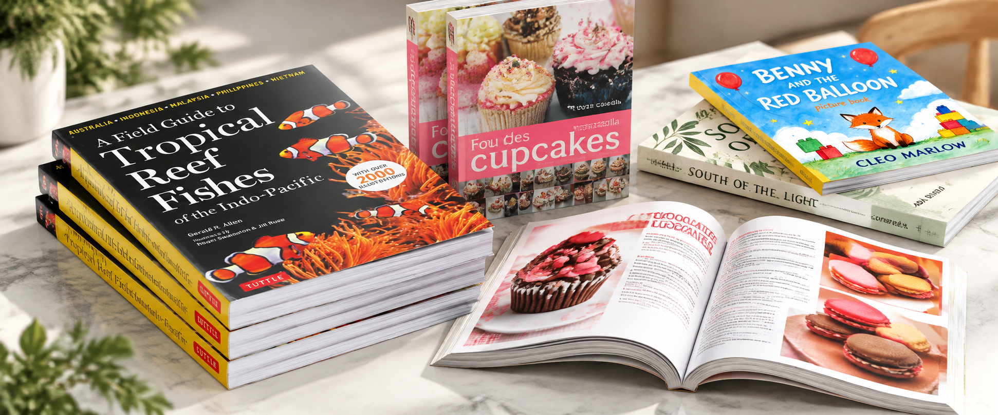 Custom softcover book printing featuring paperback books, cookbooks, and illustrated book editions