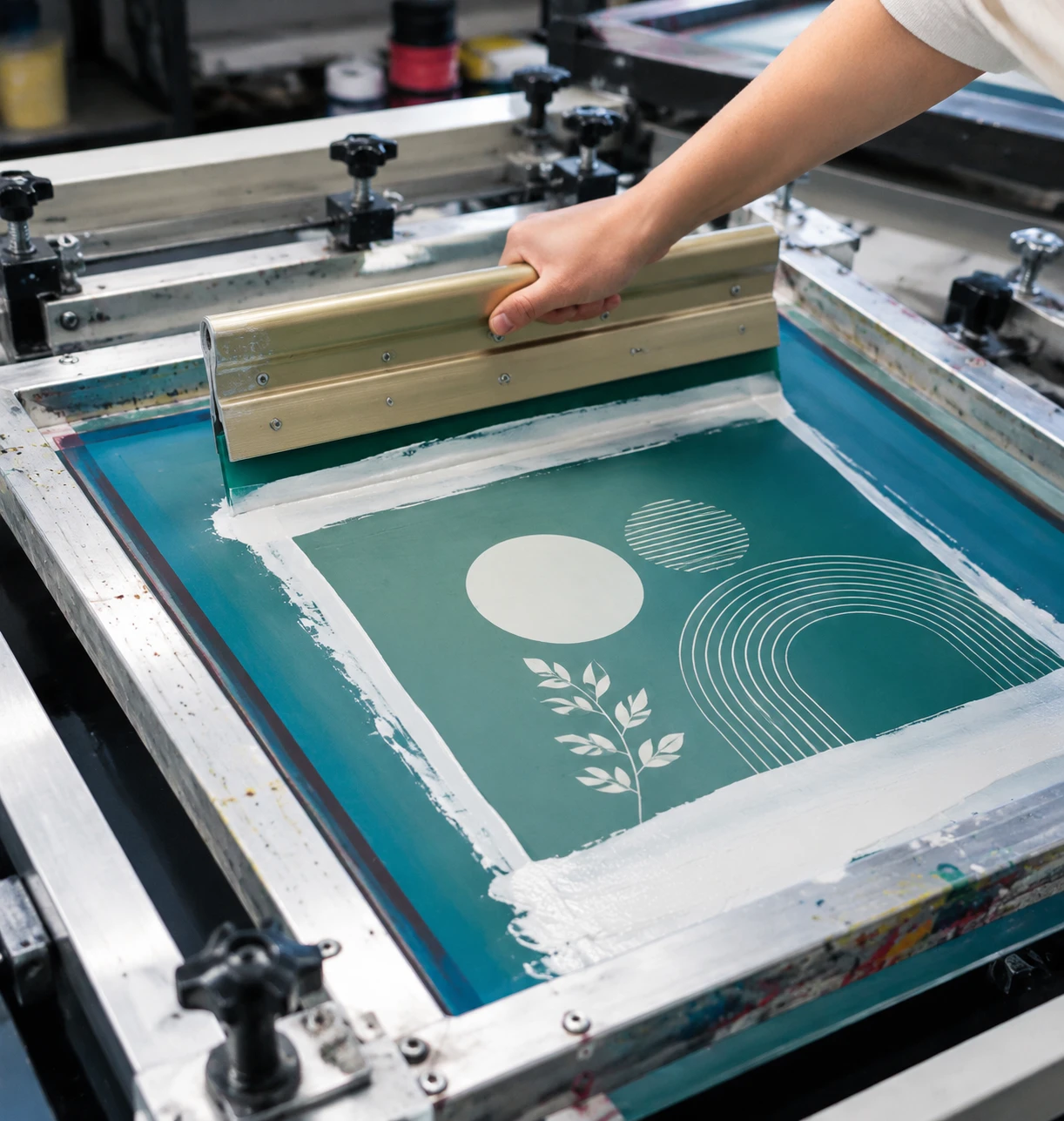 Screen printing process with ink squeegee and mesh screen for custom printing production